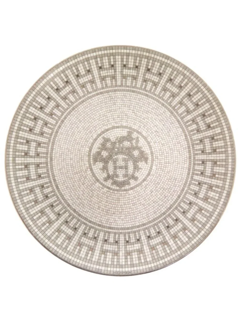 Hermes Mosaic 24 Platinum Ceramic Gray Leather Dessert Plate